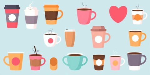 Cute trendy coffee cups, various shapes & colors, flat vector illustration,  latte cup,  teacup