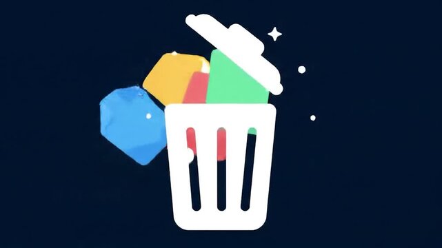 White trash bin, lid ajar, against a dark blue background. Inside are colorful, geometric shapes suggesting discarded items