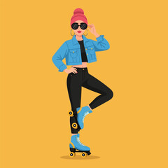 Stylish Woman Wearing Blue Roller Skates on Sunny Yellow Background
