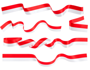 set of long wavy red and white ribbons of the Indonesian flag isolated on transparent png