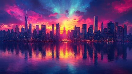 Fototapeta premium Vibrant Cityscape at Sunset: A Digital Masterpiece
