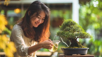 A woman carefully waters a bonsai tree.