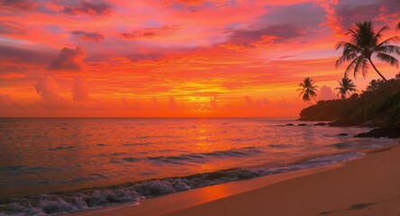 Stunning Tropical Sunset on Sandy Beach with Palm Trees