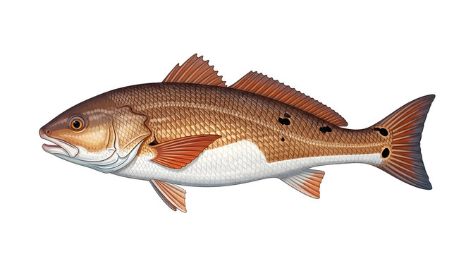 Red Drum Fish Illustration: Spotted Tail Bass Wildlife Iconography