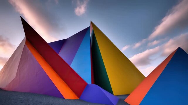 Abstract colorful geometric shapes, triangles against a cloudy sky creating vibrant architecture, art installation, outdoor scene.