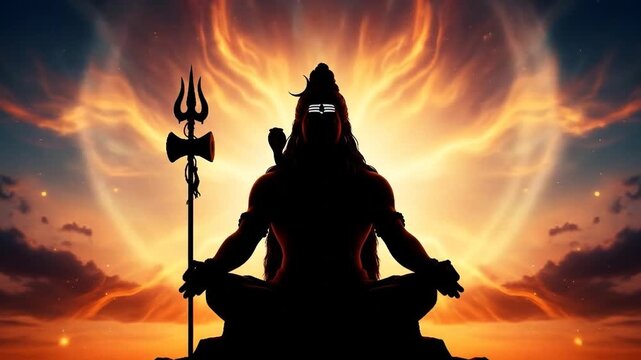 Silhouette of Lord Shiva meditating with a trident against a dramatic, fiery sky.