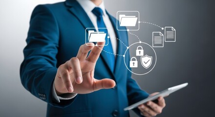 A man in a suit interacting with digital folders and security icons on a virtual interface display