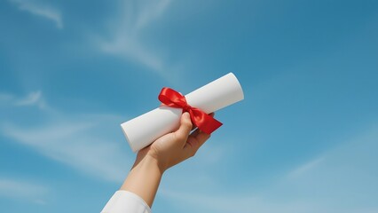 Hand holding diploma with red bow on blue sky background. Education and graduation concept.