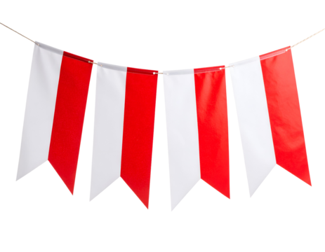 indonesian flag. bunting flags, carnival party flags, white and red festive pennants hanging on a rope isolated on transparent png