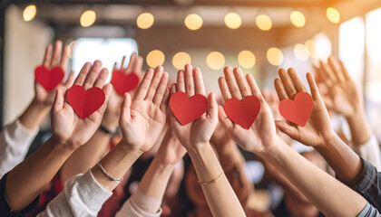Diverse Hands Hold Red Hearts.