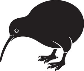 Black kiwi bird silhouette with long beak and clawed feet white animal