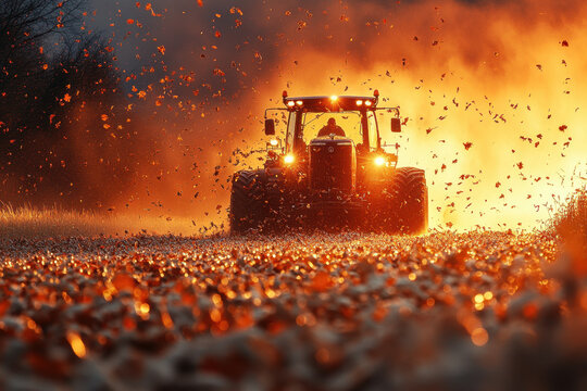 Tractor plowing cotton field at sunset. - Powered by Adobe