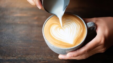 Latte art heart design being poured.