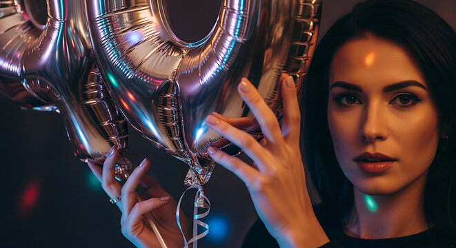 Close-up of a woman holding a large metallic balloon with a number (like '30' or '40', depending on the age you wish to suggest), with the balloon reflecting colorful party lights. Her gaze is direct 
