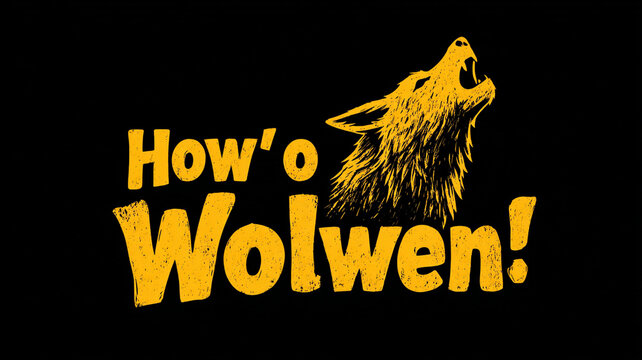 Stylized illustration of howling wolf in yellow with text Howo Wolwen on black background, conveying bold and energetic vibe