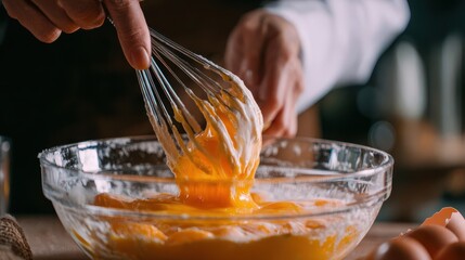 Mixing egg yolks and whipped cream in a glass bowl.