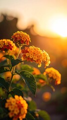 Sunlit Lantana Blossoms in Warm Orange and Yellow Tones with Sunset Bokeh Background