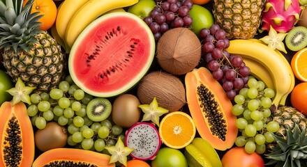 Abundant assortment of fresh tropical fruits and berries displayed together