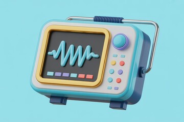 3d rendered medical monitor displaying a vibrant blue heartbeat waveform on a light blue background