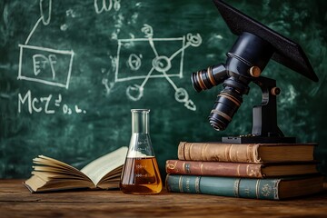 Vintage Microscope with Mortarboard on Books, Erlenmeyer Flask, Chalkboard Background Depicts Equations