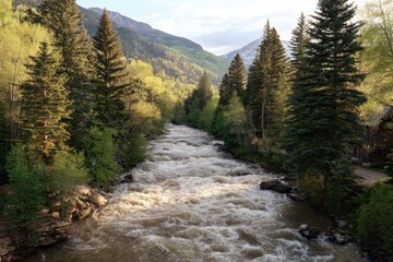 Obraz premium Mountain river flows through lush valley