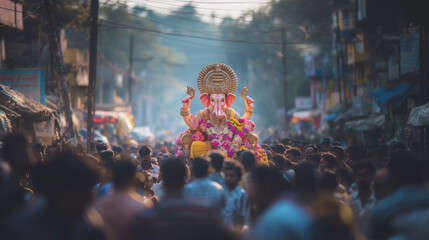 Devotees carrying Lord Ganesha idol for immersion during Anant Chaturdashi, street procession, colorful decorations, natural lighting,
