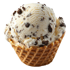 Delicious scoop of creamy vanilla ice cream with chocolate cookie pieces served in a crispy waffle cone isolated on transparent background