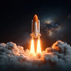 Space Shuttle Launch with Fiery Boosters and Cosmic Background.