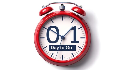 A classic red alarm clock displays 01 day to go indicating one day remaining until