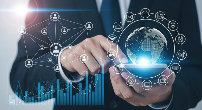 Businessman interacting with a futuristic digital interface displaying global network connections and financial data