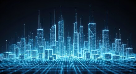 Fototapeta premium Futuristic glowing neon cityscape with digital grid lines representing a connected smart city