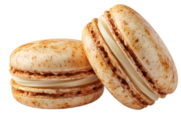 Delicious and inviting, two beige macarons elegantly displayed on a transparent backdrop