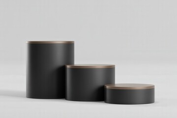 Three modern cylindrical storage containers with wooden lids arranged on a neutral background
