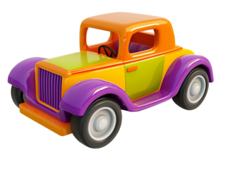 Colorful vintage car with purple fenders and orange roof, isolated on transparent background