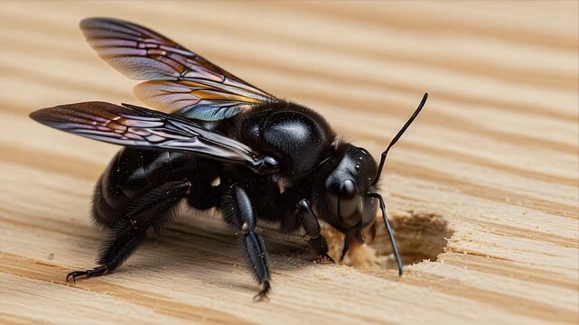 Carpenter Bee Drilling into Wood: Close-up of Insect Nesting Behavior