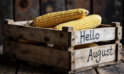 A Close-up of an Old, Wooden Crate of Corn, with "Hello August" Stenciled on the Side