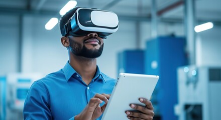 Man wearing virtual reality headset interacts with digital content on tablet in modern industrial setting