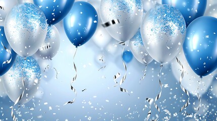 A festive collection of blue and white balloons adorned with silver glitter and