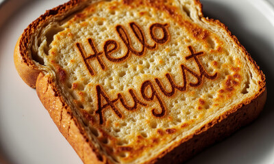A Close-up of a Slice of Toast, with "Hello August" Lightly Burned into It