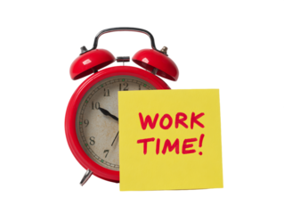 Red Alarm Clock and Yellow Sticky Note with Work Time Message, PNG