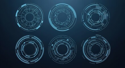 Futuristic circular holographic interfaces with glowing blue circuits on a dark background
