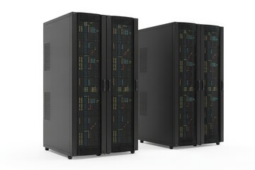 Two tall black server racks filled with computer components against a white background