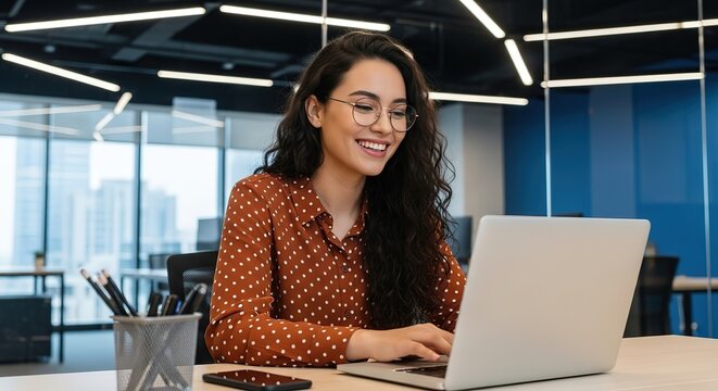 Smiling young woman in glasses working on a laptop in a modern office with glass partitions and natural light