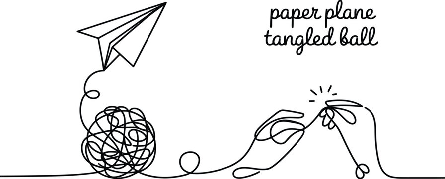 Black Line Drawing of Paper Airplane Tangled Ball and Hands