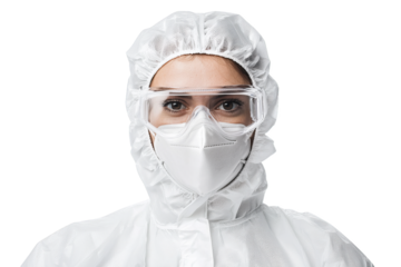 Person wearing protective suit, mask and goggles, isolated on a transparent background.