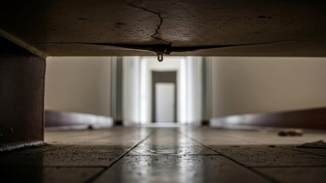 Water leaking from ceiling crack causing damage; indoor environment issue.
