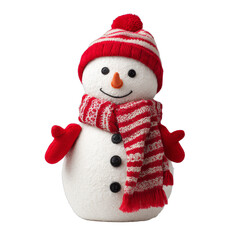 Cheerful snowman decoration, festive snowman with red striped hat and scarf, perfect for holiday ambiance and cheer. Isolated on white background or PNG