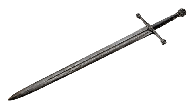 Medieval sword with ornate hilt and weathered blade on display isolated on transparent background