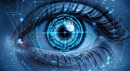 Futuristic cybernetic eye with digital data overlays and glowing blue iris symbolizing advanced technology and surveillance