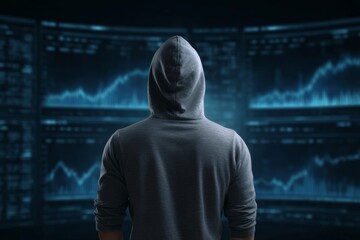 A person wearing a hooded sweatshirt, seen from behind, is standing in front of several large computer screens displaying financial or data graphs in a dark room, suggesting themes of hacking.